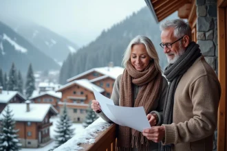 Couple de retraités consultant des documents immobiliers sur le balcon enneigé d'un appartement aux Menuires en station de ski