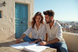 Jeune couple sur un toit à Essaouira avec architecture marocaine
