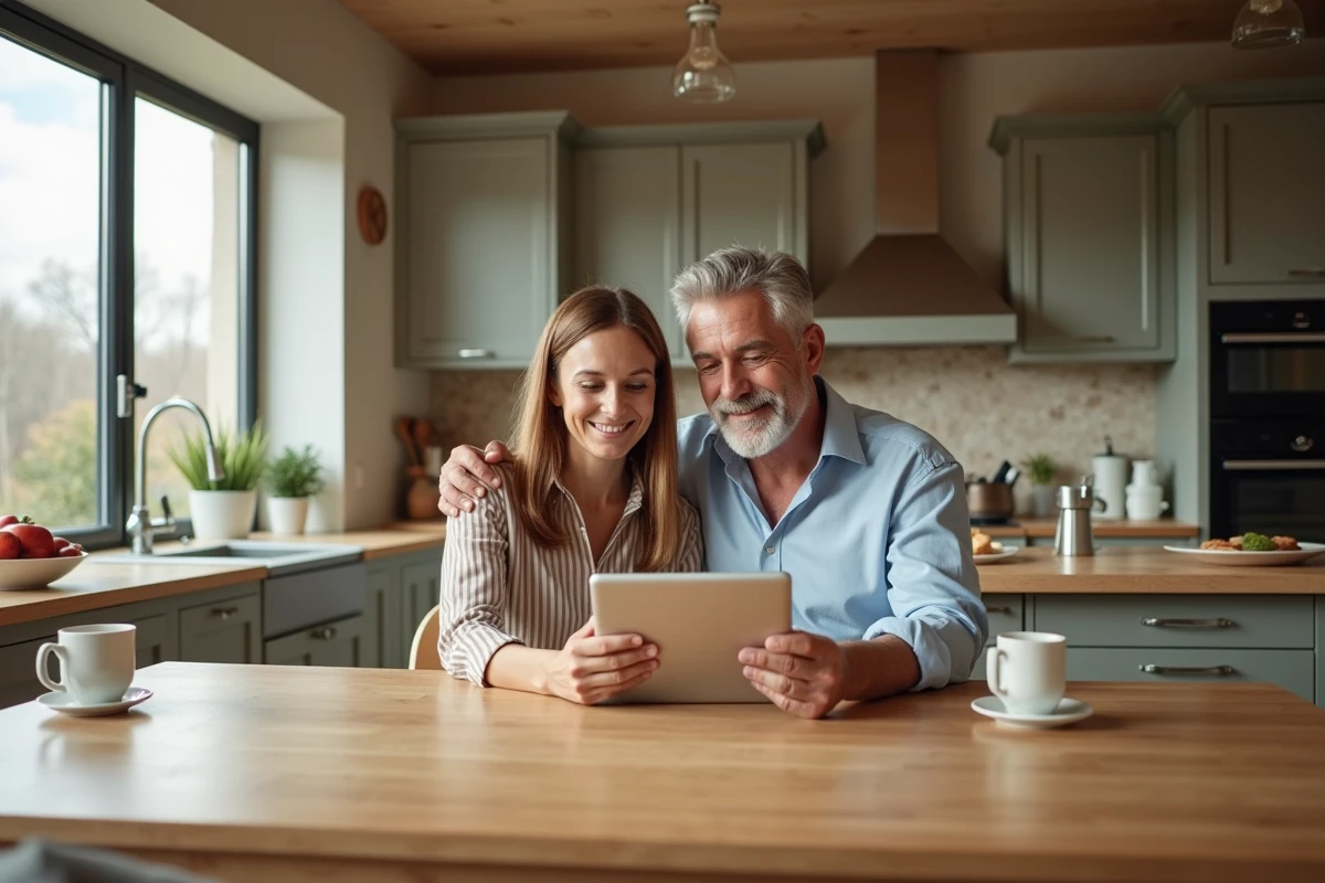 Couple explorant une visite virtuelle sur une tablette à table
