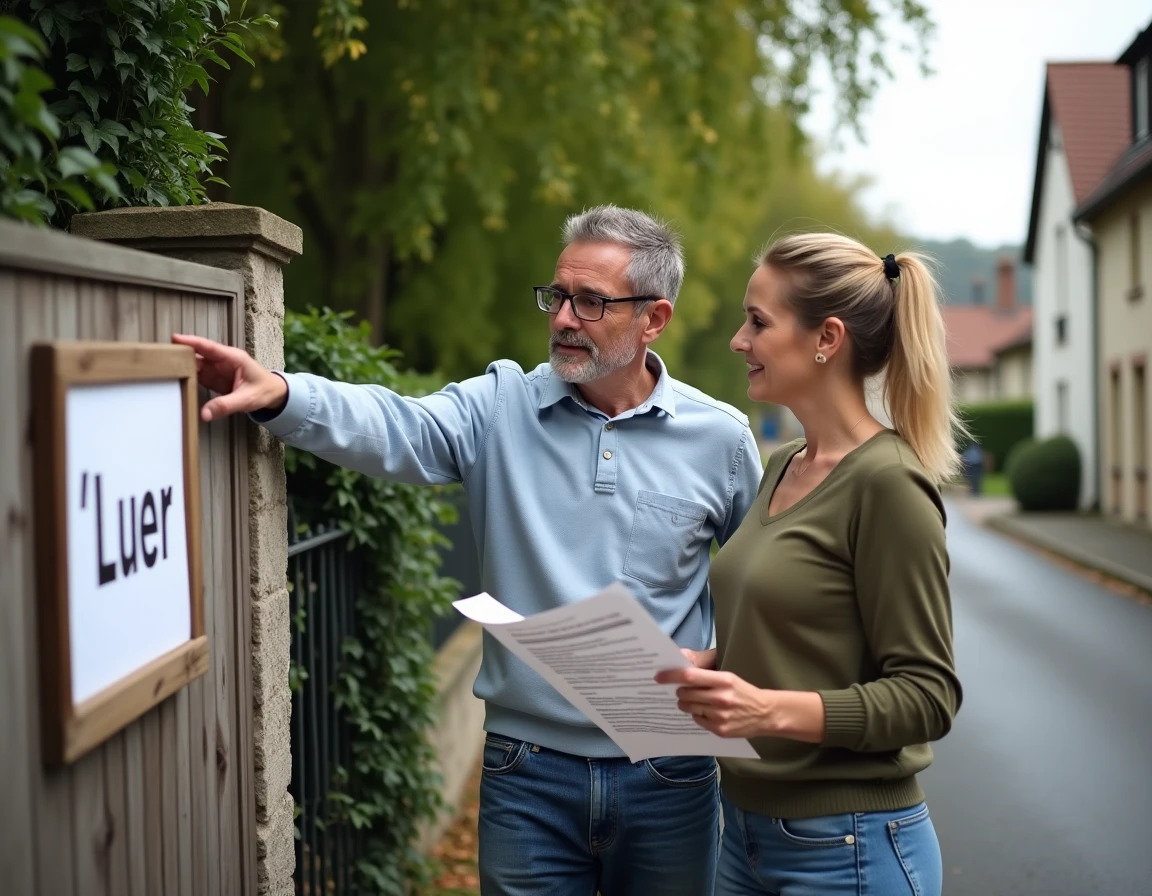 Couple visitant une maison à louer de particulier à particulier dans une rue résidentielle française