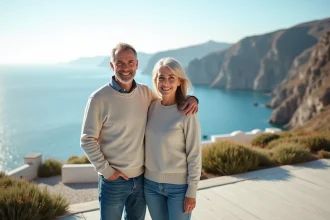 Couple souriant sur terrasse avec vue sur la mer