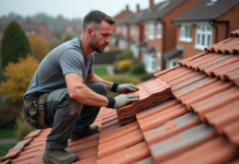 Ouvrier couvreur inspectant des tuiles en terre cuite sur un toit résidentiel