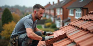 Ouvrier couvreur inspectant des tuiles en terre cuite sur un toit résidentiel