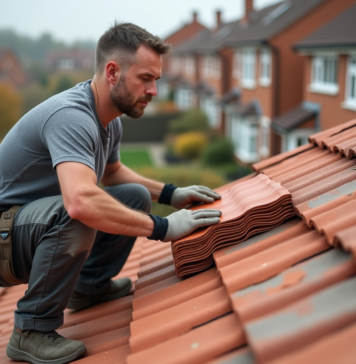 Ouvrier couvreur inspectant des tuiles en terre cuite sur un toit résidentiel