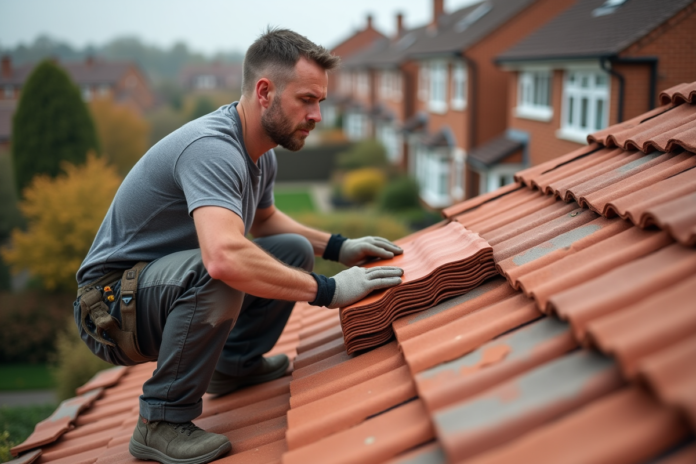 Ouvrier couvreur inspectant des tuiles en terre cuite sur un toit résidentiel