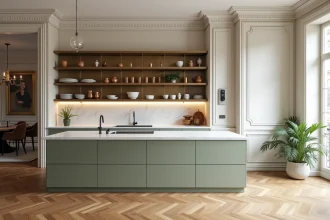 Cuisine ouverte moderne intégrée dans un appartement haussmannien avec parquet chevron, moulures et îlot en marbre blanc