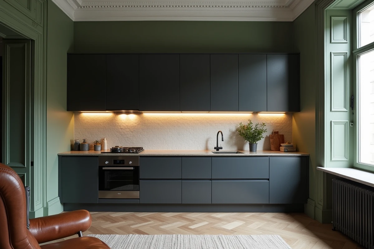 Cuisine ouverte compacte avec hotte intégrée et carreaux zellige dans un appartement de style haussmannien aux corniches d'époque