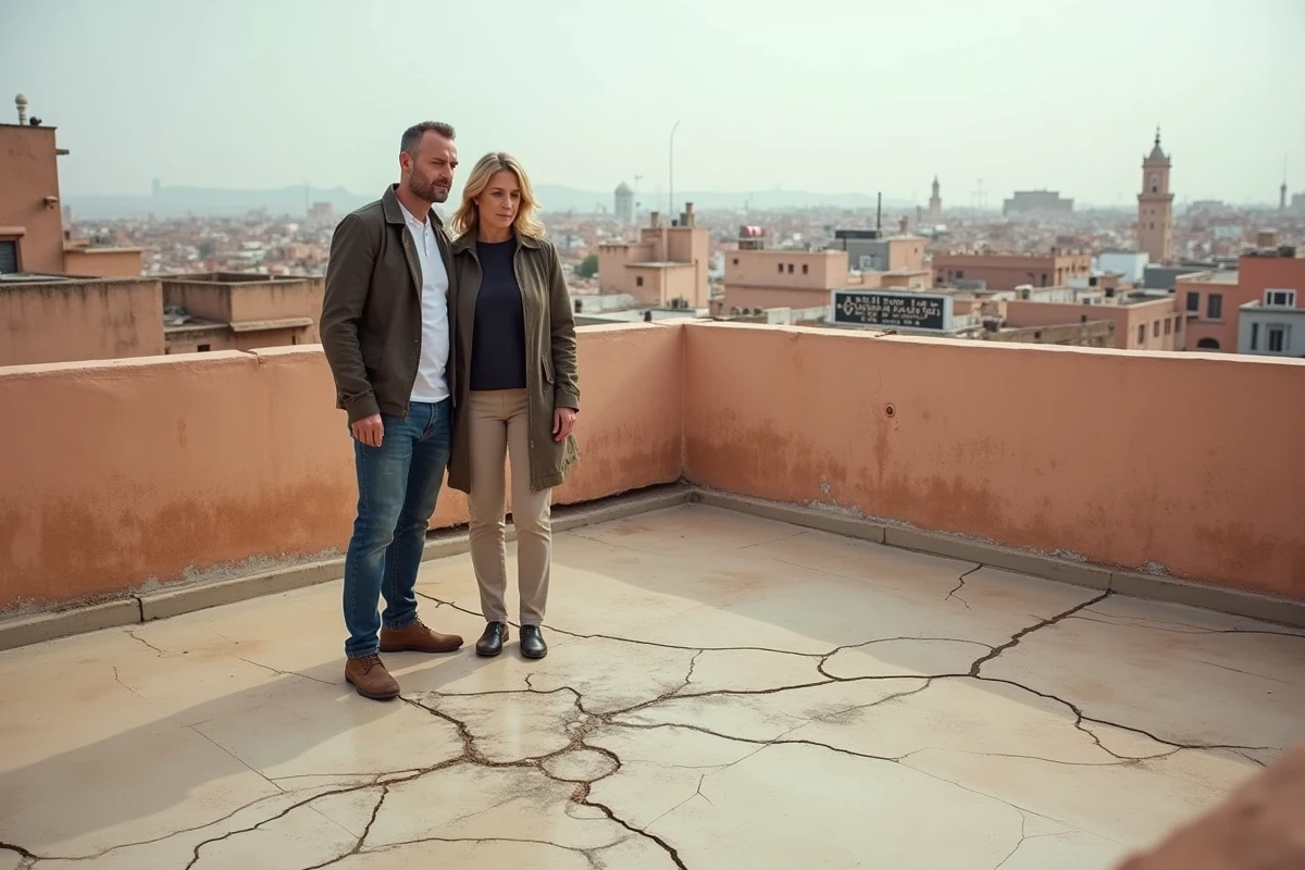Couple constatant des défauts structurels sur la terrasse d'un riad à vendre dans la médina de Marrakech