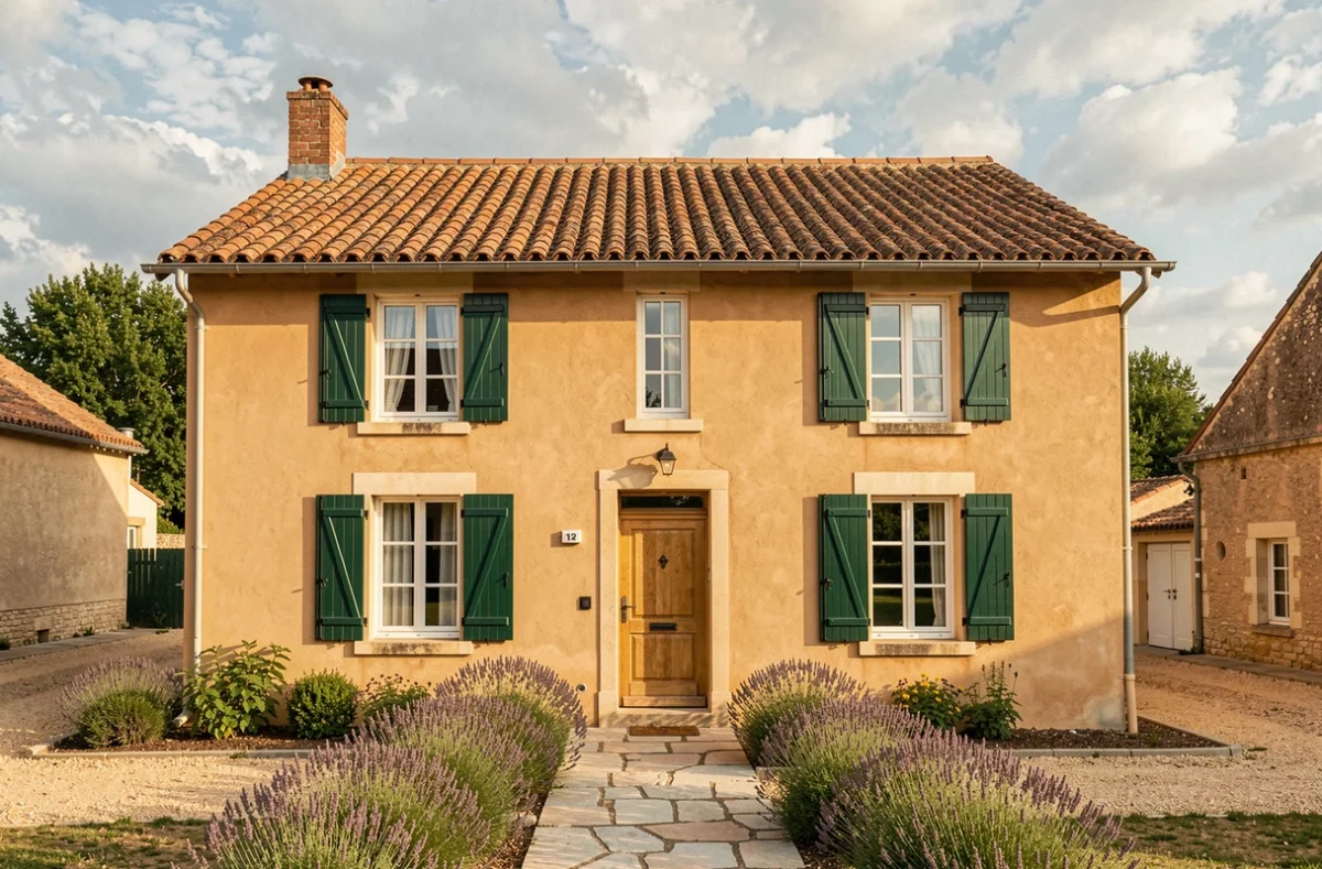Maison individuelle de style traditionnel avec volets verts construite par Demeures Caladoises dans l'Aube