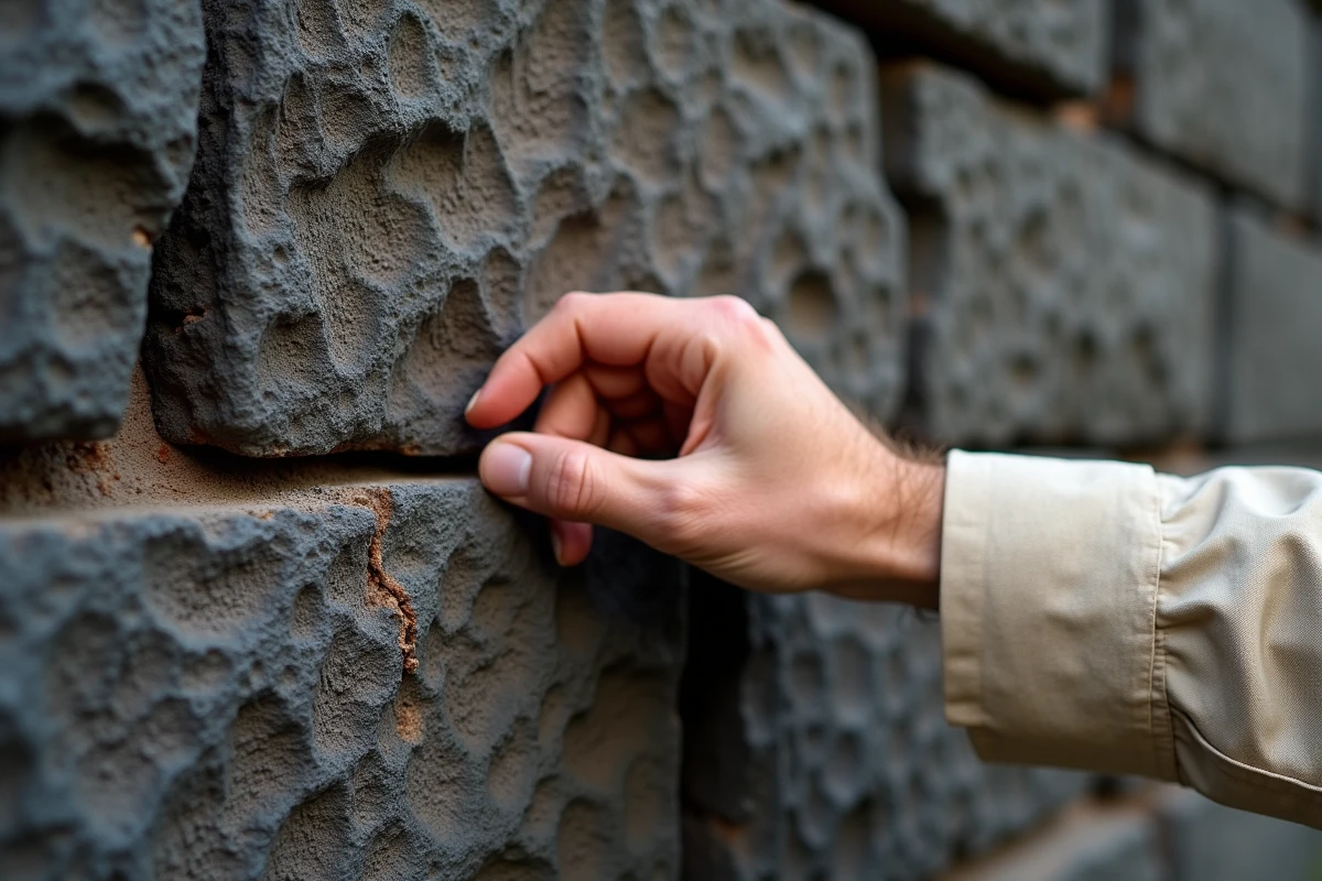 Détail de mur en mâchefer avec texture poreuse et rugueuse caractéristique, main d'un homme touchant la surface du matériau de construction atypique