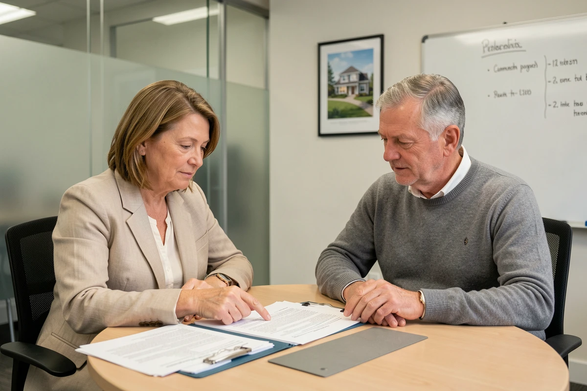 Propriétaire et agent immobilier discutant du calendrier de résiliation d'un bail autour d'une table