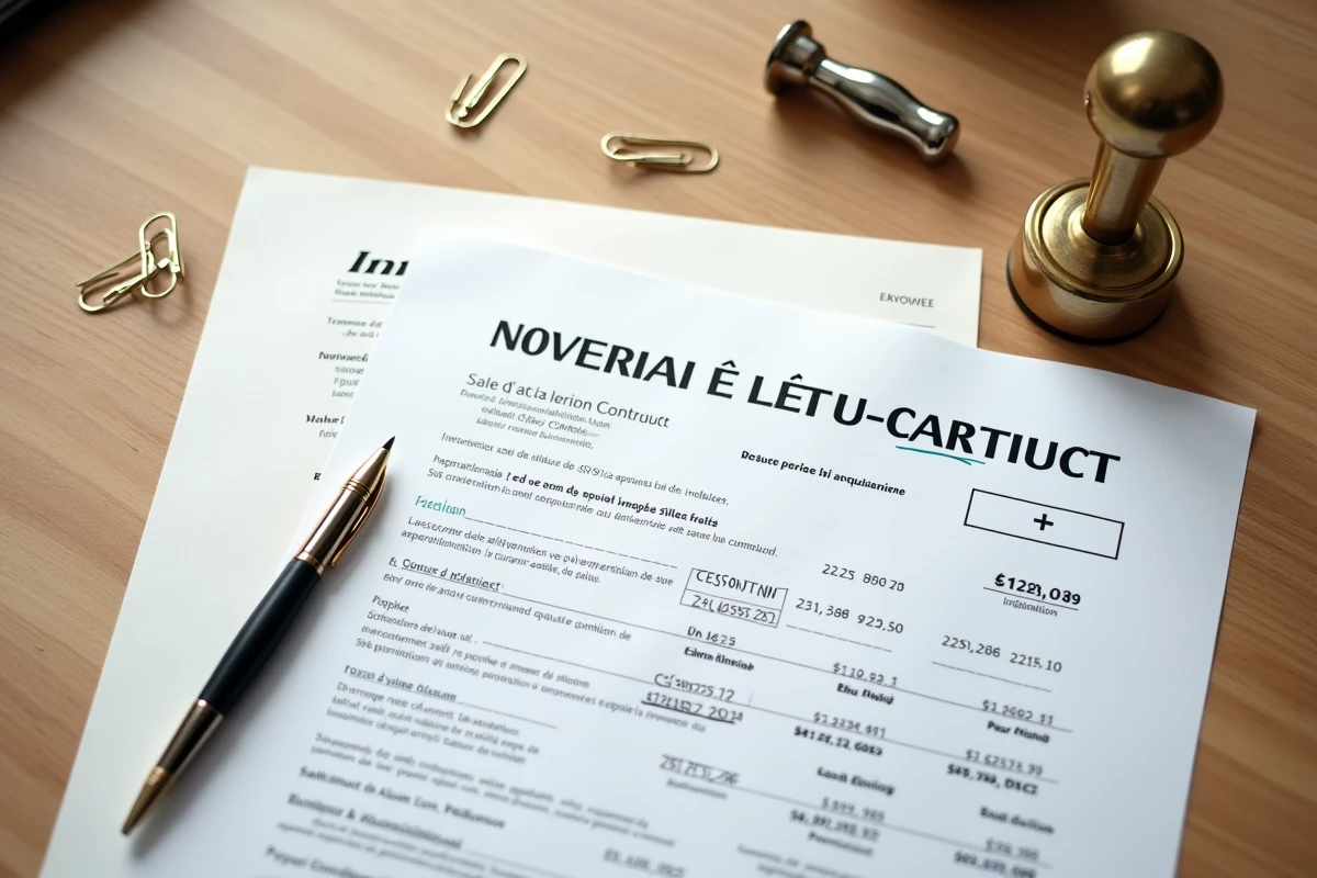 Vue en plongée d'un bureau avec des documents de vente immobilière, une facture de frais notariaux et un tampon notarial sur bois naturel