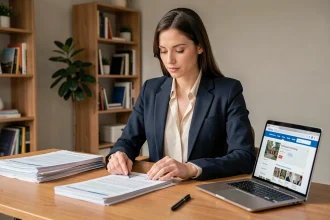 Femme professionnelle qui constitue un dossier de location avec des documents bien organisés sur un bureau en bois