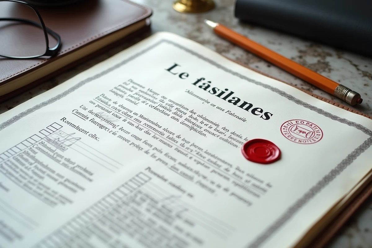 Dossier notarial complet avec lettre officielle, tampons et coche de validation sur une table en marbre