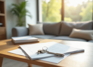 Documents officiels et clés sur une table lumineuse