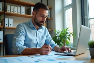 Économiste de la construction annotant des tableaux de l'indice BT47 sur un bureau encombré de documents de devis