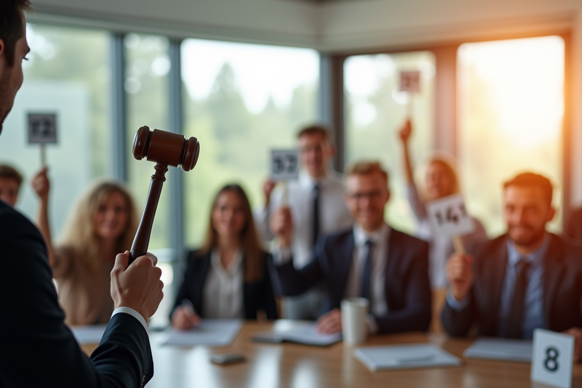 Un commissaire-priseur avec un marteau en main lors d'une vente aux enchères immobilières