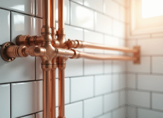 Installation de tuyaux en cuivre sur mur carrelé blanc