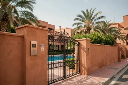 Entrée sécurisée d'une résidence fermée à Marrakech avec portail en fer forgé et palmiers