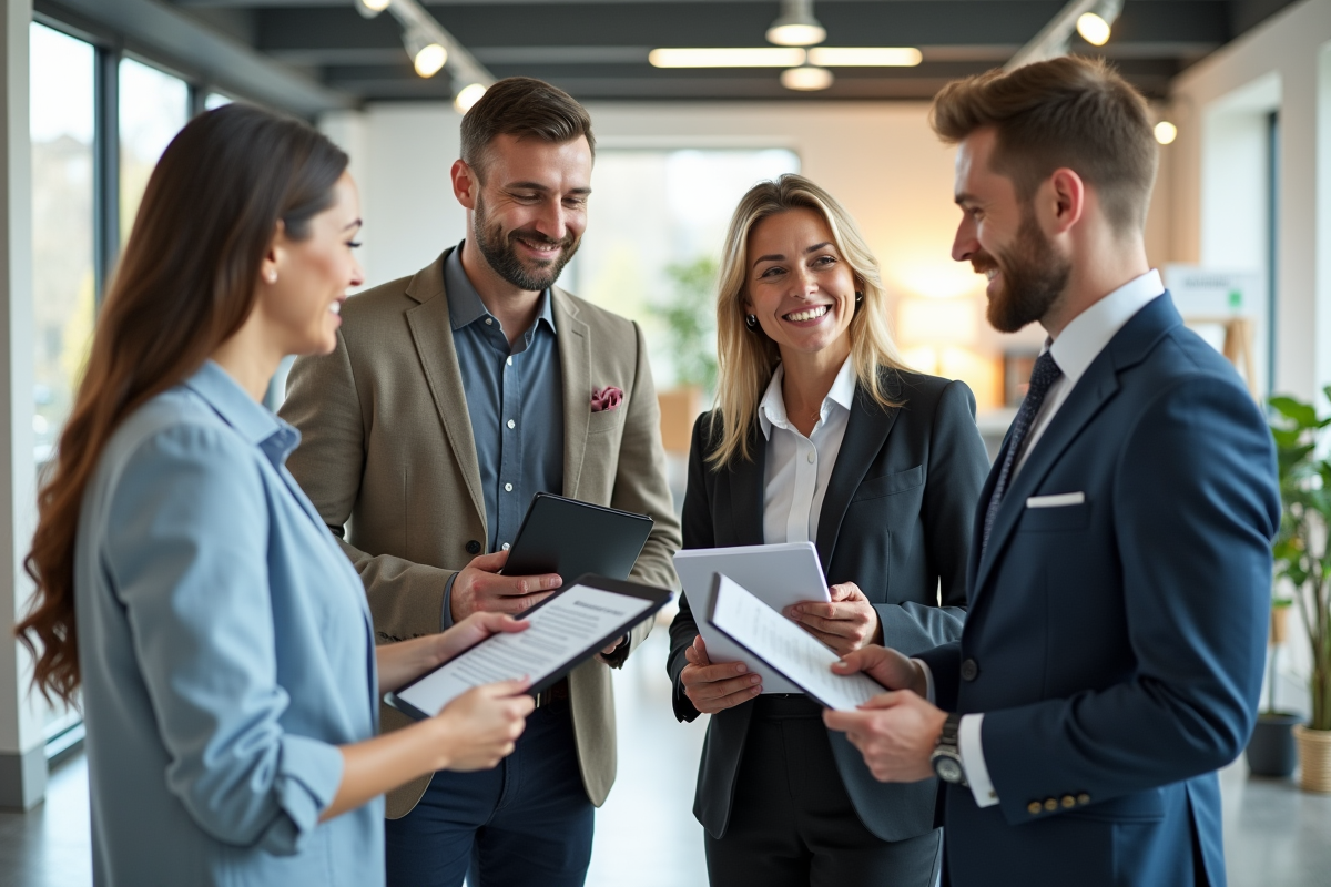 Equipe de professionnels de l immobilier dans un showroom lumineux