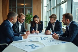 Groupe de professionnels analysant des plans durables