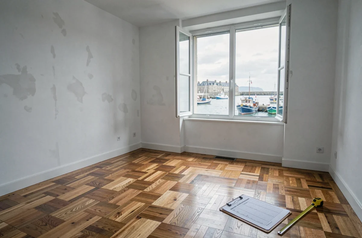 Appartement vide à Concarneau lors d'un état des lieux avec vue sur le port, clipboard et mètre ruban posés au sol