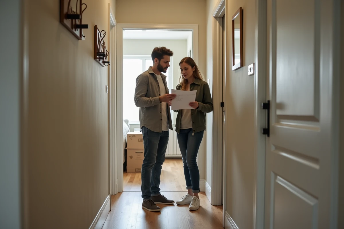 Deux colocataires effectuant l'état des lieux de sortie d'un appartement meublé avant remboursement du dépôt de garantie