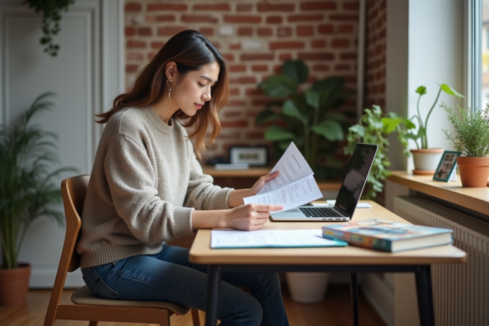 etudiante-locataire-apartment Jeune étudiante dans son appartement en train de lire des papiers de location