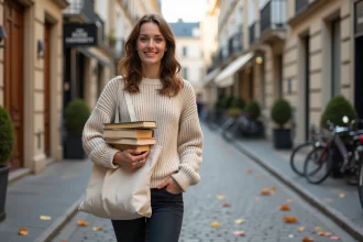 Étudiante portant des livres dans un quartier étudiant du Havre près d'une faculté