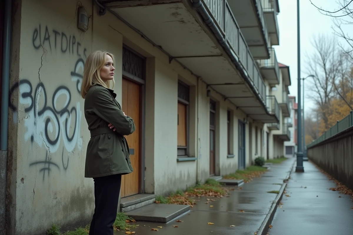 Femme investisseuse scrutant un immeuble délabré aux signaux d'alerte visibles, façade fissurée et abandon apparent