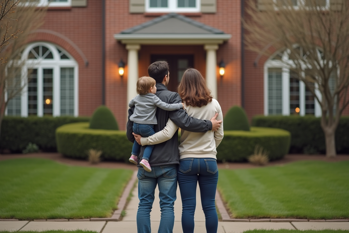 Jeune couple et enfant devant leur maison de banlieue