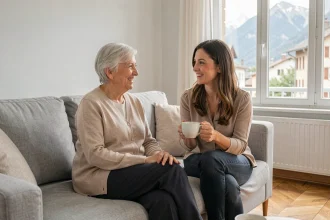 Grand-mère et sa fille dans un appartement Halpade à Cluses, partageant un moment convivial dans un cadre moderne et confortable