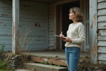 Femme examinant une porte d'une maison abandonnée