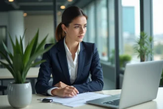 Jeune femme d'affaires lisant des documents immobiliers