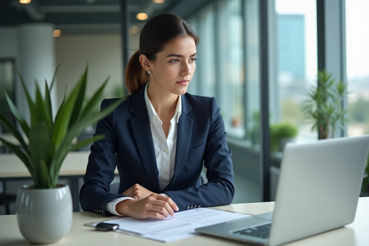 Jeune femme d'affaires lisant des documents immobiliers