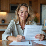 Femme souriante vérifiant des documents d'assurance à la cuisine