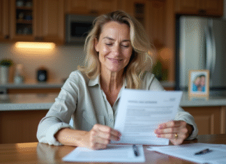 Femme souriante vérifiant des documents d'assurance à la cuisine