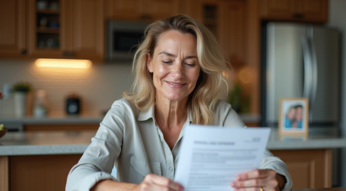 Femme souriante vérifiant des documents d'assurance à la cuisine