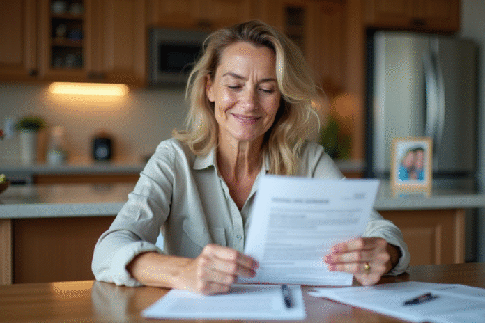 femme-assurance-kitchen Femme souriante vérifiant des documents d'assurance à la cuisine