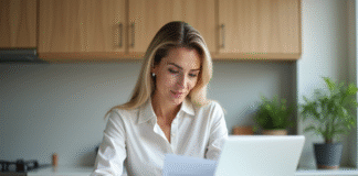 Femme en bureau organisé avec documents et ordinateur