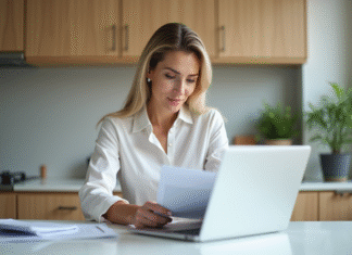 Femme en bureau organisé avec documents et ordinateur