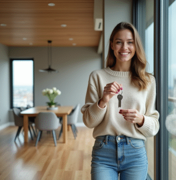 Femme souriante tenant des clés dans un appartement rénové
