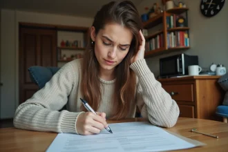 Jeune femme en colocation relisant son contrat de location meublée avant la restitution de la caution
