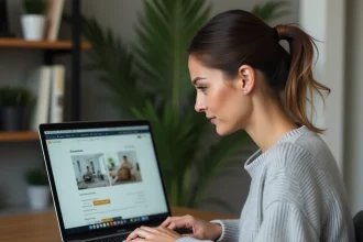 Femme consultant ses quittances de loyer sur un portail en ligne MyFoncia depuis un ordinateur portable à son bureau à domicile