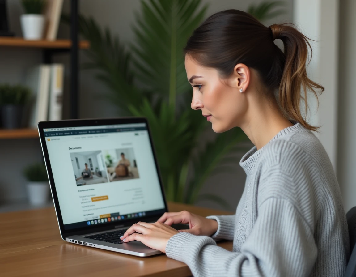 Femme consultant ses quittances de loyer sur un portail en ligne MyFoncia depuis un ordinateur portable à son bureau à domicile