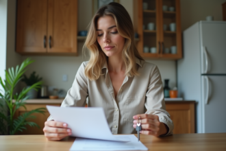 Femme tenant un contrat de location et des clés dans une cuisine