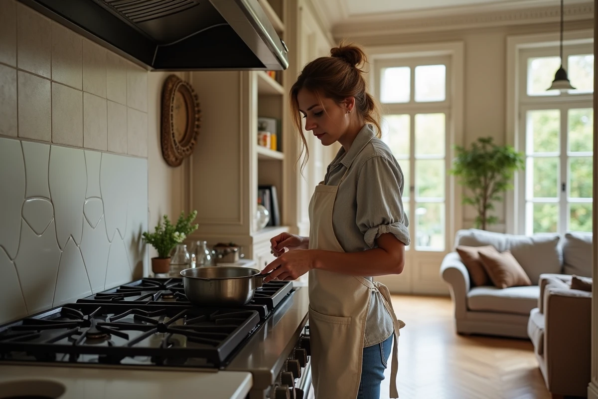 Femme cuisinant dans une cuisine ouverte d'appartement haussmannien, salon visible en arrière-plan avec moulures et parquet