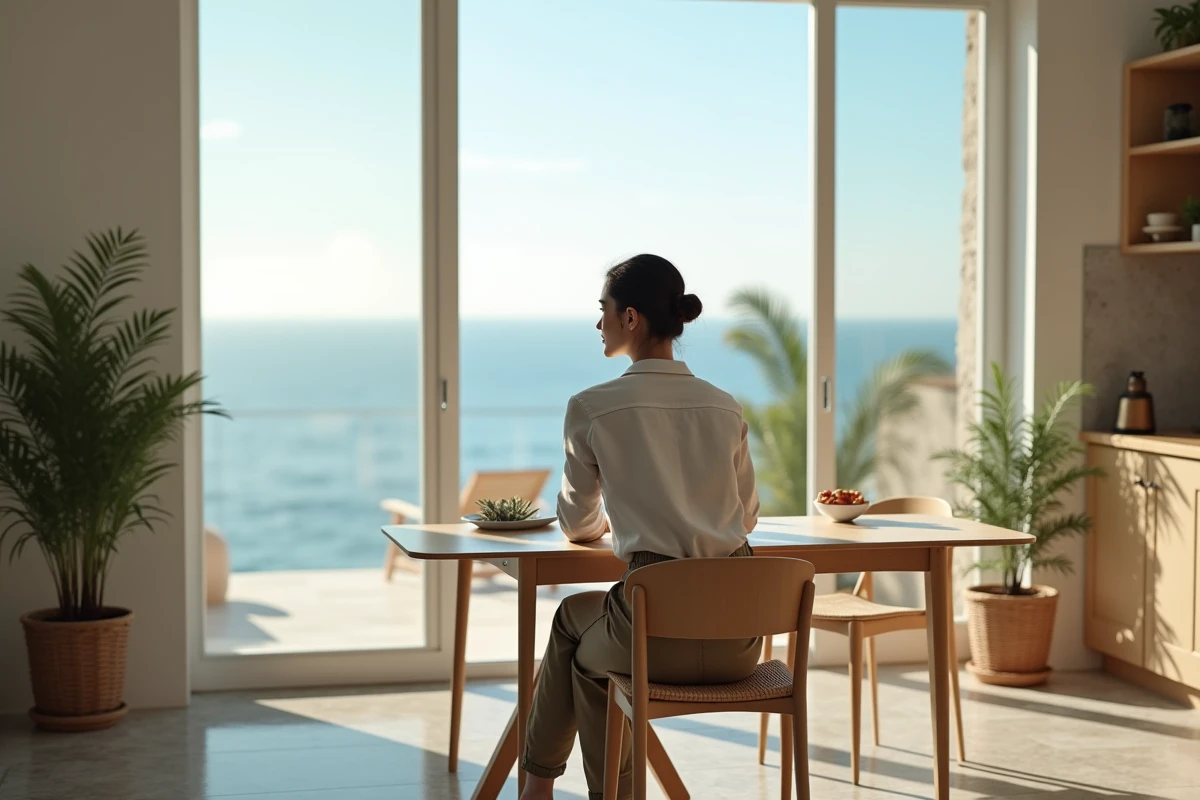 Jeune femme regardant la mer depuis une fenêtre