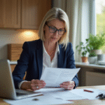 Fiscalité : Maison vendue, impôt à payer ? Femme d'âge moyen examinant des documents dans la cuisine