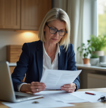 Femme d'âge moyen examinant des documents dans la cuisine